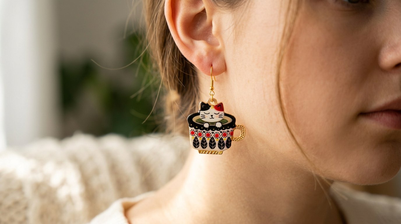 Handmade cat in tea cup earrings.