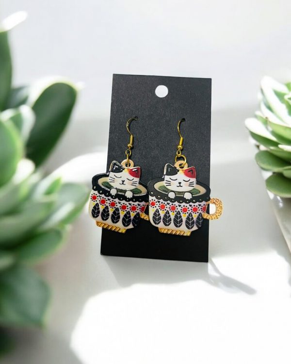 Handmade Cat in Tea Cup Earrings